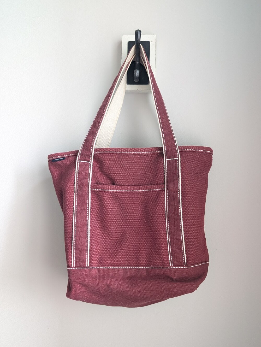 Lands' End Medium Maroon Canvas Tote Bag with White Stitching